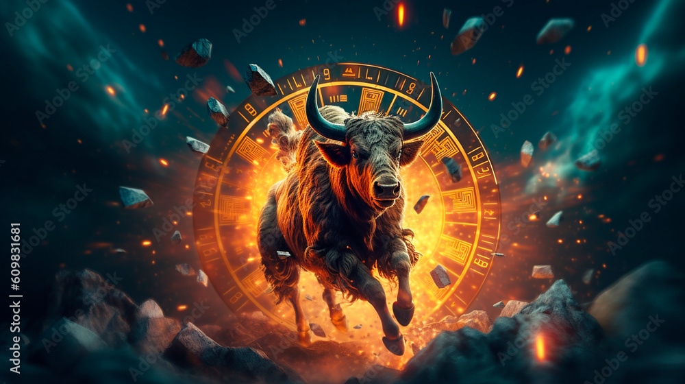 bull market, a green bull powerfully runs through a narrow street, high concentration as a strong will in the eyes of the bull, concept of business and stock market created with Generative Ai