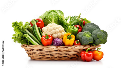 Wicker basket full of fresh vegetables on white background  isolated  farmers market