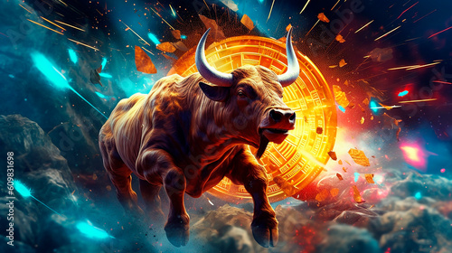 bull market  a green bull powerfully runs through a narrow street  high concentration as a strong will in the eyes of the bull  concept of business and stock market created with Generative Ai