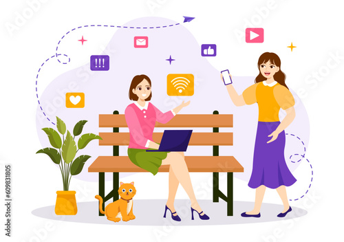Internet Addiction Vector Illustration with Young People Addicted to Using Devices Such as Laptop or Smartphone in Flat Cartoon Hand Drawn Templates