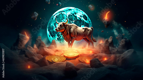 bull market, a green bull powerfully runs through a narrow street, high concentration as a strong will in the eyes of the bull, concept of business and stock market created with Generative Ai photo