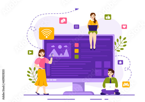 Internet Addiction Vector Illustration with Young People Addicted to Using Devices Such as Laptop or Smartphone in Flat Cartoon Hand Drawn Templates