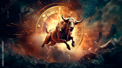 bull market, a green bull powerfully runs through a narrow street, high concentration as a strong will in the eyes of the bull, concept of business and stock market created with Generative Ai photo