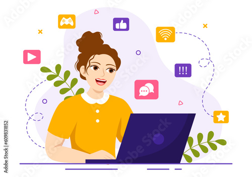 Internet Addiction Vector Illustration with Young People Addicted to Using Devices Such as Laptop or Smartphone in Flat Cartoon Hand Drawn Templates