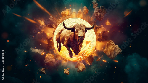 bull market, a green bull powerfully runs through a narrow street, high concentration as a strong will in the eyes of the bull, concept of business and stock market created with Generative Ai photo