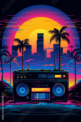 Retrowave Retro Radio Musikbox mit Palmen, City und Sonnenuntergang. Synthwave, Futuresynth, Outrun. Hochkant. Hochformat. Generative Ai.