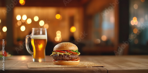 Burger with glass beer on wooden table with blurred background.