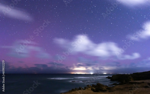 pink purple night sky over the ocean