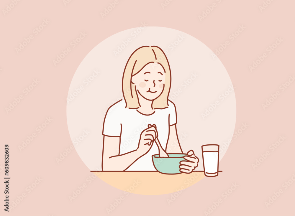woman eating soup in kitchen. Hand drawn style vector design illustrations. woman eating soup in kitchen. Hand drawn style vector design illustrations.