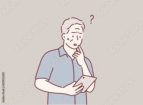 senior man reading news on digital tablet.Question. Hand drawn style vector design illustrations.