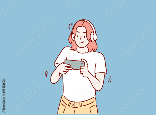 woman play mobile game on smartphone. Hand drawn style vector design illustrations.