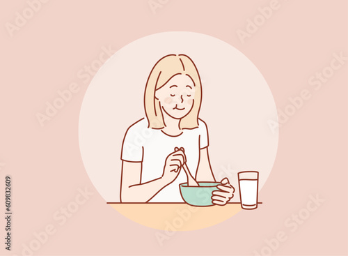  woman eating soup in kitchen. Hand drawn style vector design illustrations.