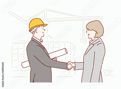 female architect and construction worker shaking hands. Hand drawn style vector design illustrations.