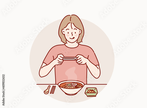 Woman taking pictures with smartphone of asian noodle. Hand drawn style vector design illustrations.
