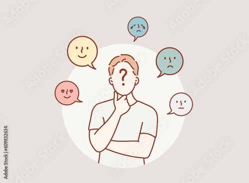 Young Man expressing different state of mood. Hand drawn style vector design illustrations.