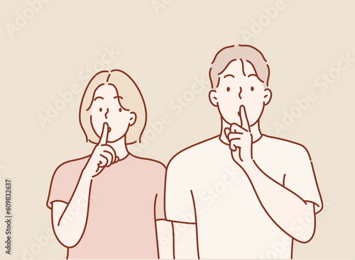  female and male make silence sign, keep fore fingers on lips, tell secret and private information. Hand drawn style vector design illustrations.