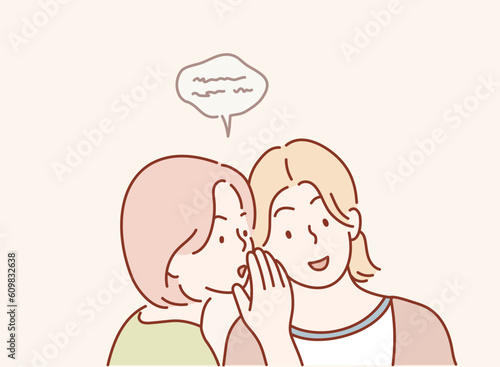 Gossip. The concept of spreading rumors. Two young girls are whispering. Hand drawn style vector design illustrations.
