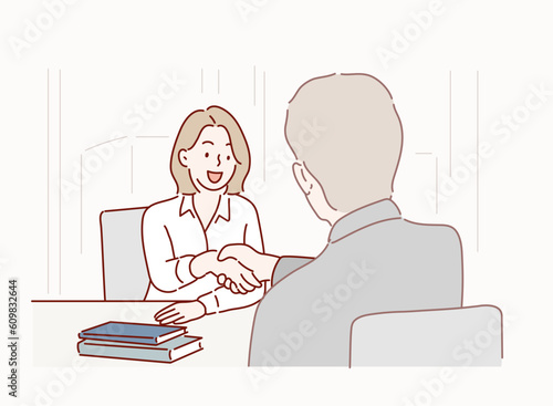 business woman shaking hands with businessman in her office during meeting. Hand drawn style vector design illustrations.