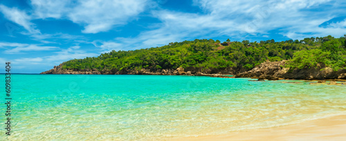 Stunning beautiful sea landscape beach with turquoise water. Beautiful Sand beach with turquoise water. Beautiful tropical beach with blue sky and white clouds. © kanpisut