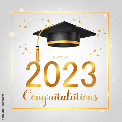 Congratulations greeting text vector design. Graduation cap with border and confetti in gold frame border. Vector illustration for graduates of batch 2023.