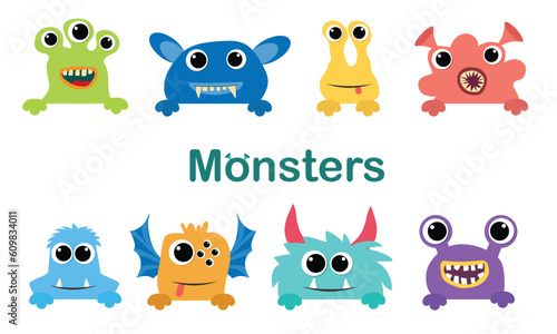 Collection of peep out monsters. Vector illustraiton.