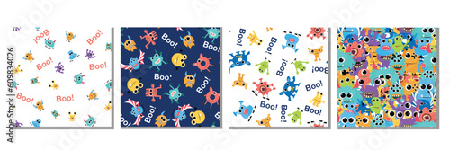 Fototapeta Naklejka Na Ścianę i Meble -  Set of seamless monsters pattern. Colorful, funny, cute collection for kids with monsters pattern background. Vector illustration.