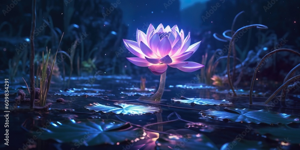 Beautiful lotus flower on the water with light AI Generative