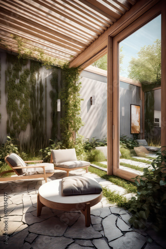 3D rendering Living Room and Garden Concept, Indoor-Outdoor Living with a Harmonious Blend of Nature and Interior Design, Creating a Tranquil Retreat for Relaxation and Entertainment © Nuchjara