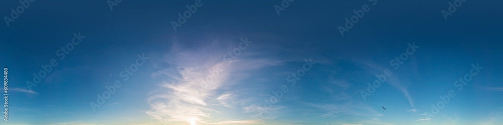 Fototapeta premium Sunset sky panorama with bright glowing pink Cirrus clouds. HDR 360 seamless spherical panorama. Full zenith or sky dome for 3D visualization, sky replacement for aerial drone panoramas.