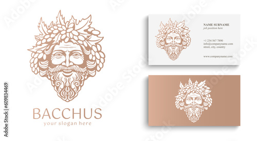 Logo Bacchus or Dionysus. Man face logo with grape berries and leaves. A style for winemakers or brewers. Sign for bar and restaurant.