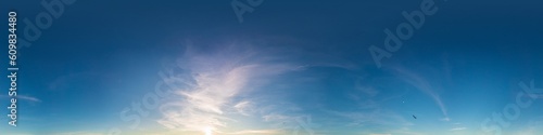 Sunset sky panorama with bright glowing pink Cirrus clouds. HDR 360 seamless spherical panorama. Full zenith or sky dome for 3D visualization  sky replacement for aerial drone panoramas.