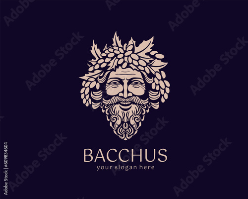Logo Bacchus or Dionysus. Man face logo with grape berries and leaves. A style for winemakers or brewers. Sign for bar and restaurant.