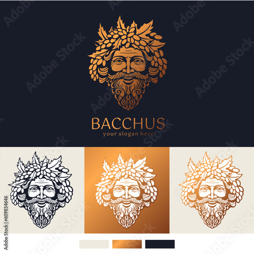 Logo Bacchus or Dionysus. Man face logo with grape berries and leaves. A style for winemakers or brewers. Sign for bar and restaurant.