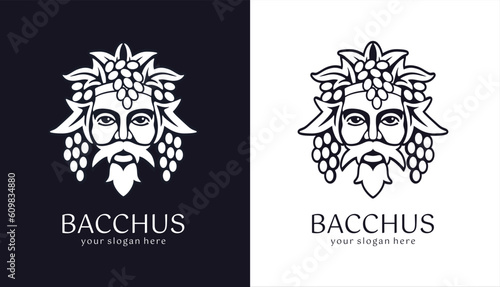Logo Bacchus or Dionysus. Man face logo with grape berries and leaves. A style for winemakers or brewers. Sign for bar and restaurant.