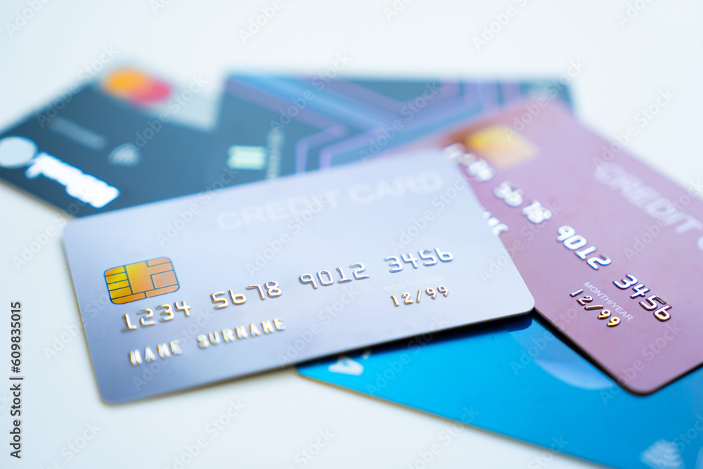 Credit cards stacked on white background Credit cards stacked on white background