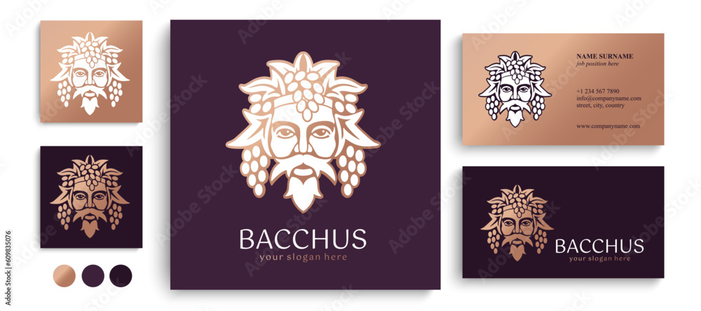 Logo Bacchus or Dionysus. Man face logo with grape berries and leaves. A style for winemakers or brewers. Sign for bar and restaurant. Logo Bacchus or Dionysus. Man face logo with grape berries and leaves. A style for winemakers or brewers. Sign for bar and restaurant.