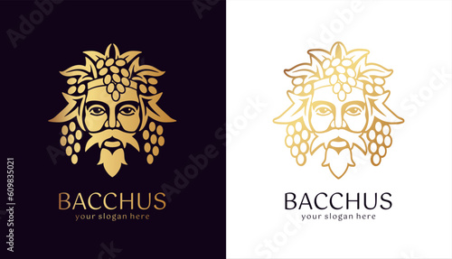 Logo Bacchus or Dionysus. Man face logo with grape berries and leaves. A style for winemakers or brewers. Sign for bar and restaurant.