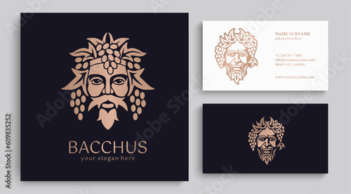 Logo Bacchus or Dionysus. Man face logo with grape berries and leaves. A style for winemakers or brewers. Sign for bar and restaurant.