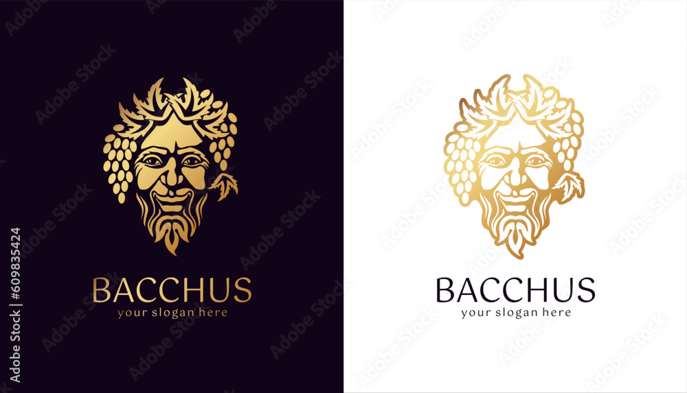 Logo Bacchus or Dionysus. Man face logo with grape berries and leaves. A style for winemakers or brewers. Sign for bar and restaurant. Logo Bacchus or Dionysus. Man face logo with grape berries and leaves. A style for winemakers or brewers. Sign for bar and restaurant.