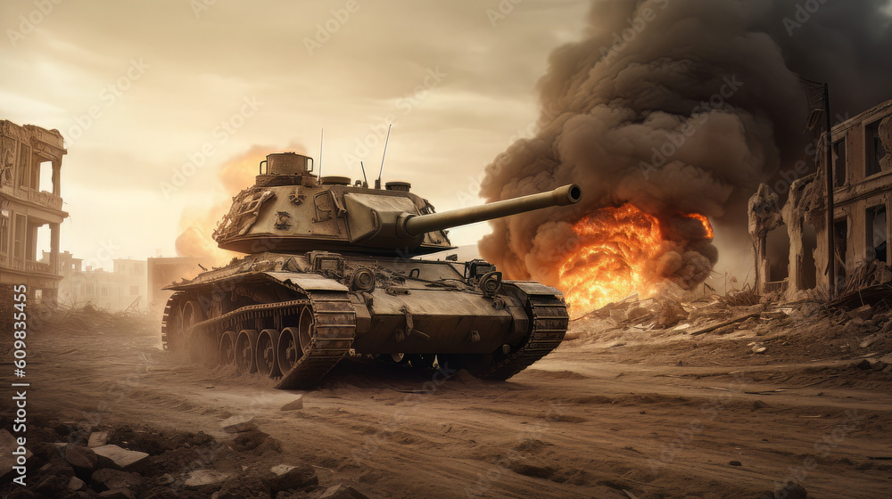 armored tank crosses destroyed city during war invasion epic scene of fire and some in the desert, wide poster design with copy space area
