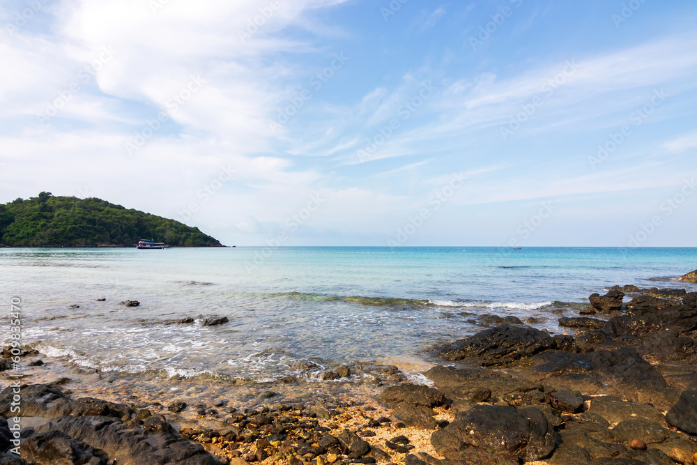 Coast rock stone with beautiful sea background at Ao Prao, Koh Samet - Khao Laem Ya National Park, Rayong, Gulf of Thailand. 