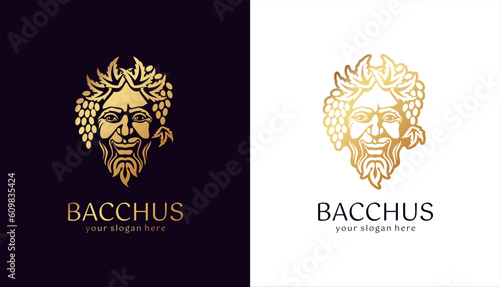 Logo Bacchus or Dionysus. Man face logo with grape berries and leaves. A style for winemakers or brewers. Sign for bar and restaurant.