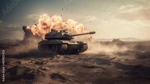 armored tank crosses destroyed city during war invasion epic scene of fire and some in the desert, wide poster design with copy space area