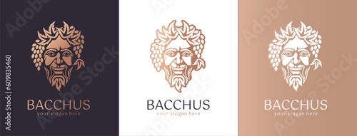 Logo Bacchus or Dionysus. Man face logo with grape berries and leaves. A style for winemakers or brewers. Sign for bar and restaurant.