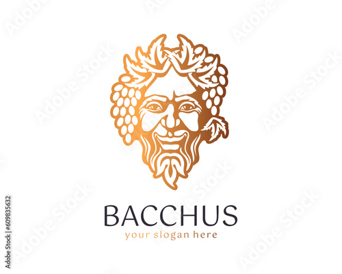Logo Bacchus or Dionysus. Man face logo with grape berries and leaves. A style for winemakers or brewers. Sign for bar and restaurant.