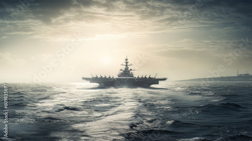 panoramic view of a generic military aircraft carrier ship with fighter jets take off during a special operation at airforce support, wide poster design with copy space area