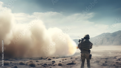 panoramic view of a soldier using generic military portable rocket launcher defense system shooting missiles during a special operation, wide poster design with copy space area