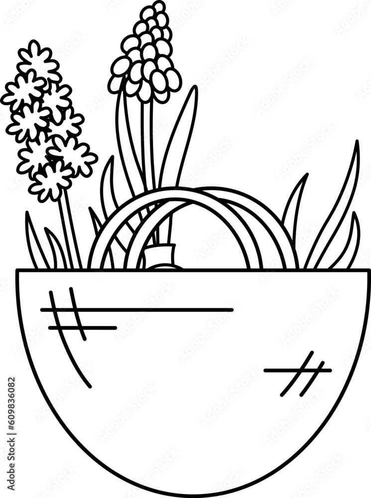 Hyacinth and lavender flowers in canvas bag. Outline vector icon isolated on white background. Illustration of garden elements. Hyacinth and lavender flowers in canvas bag. Outline vector icon isolated on white background. Illustration of garden elements.