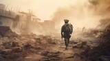 Special Forces Military soldier walking through destruction and battlefield warzone aftermath as wide banner with copyspace area for world war conflict concepts