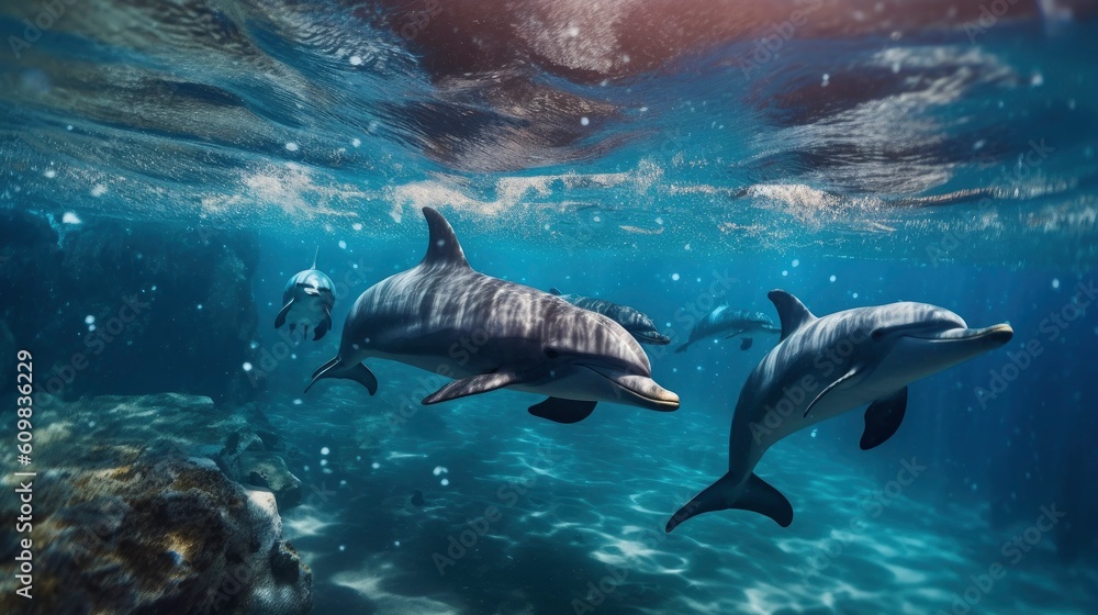 Obraz premium swimming dolphins, Underwater world, clear water, front view, AI generative